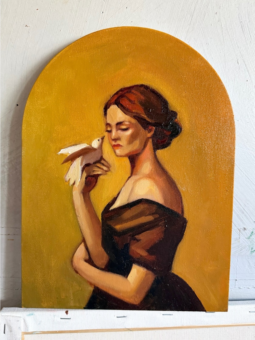 Golden Muse with Dove — Original Oil Painting, 11×14” Arched Canvas